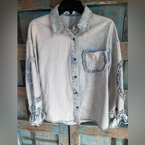 Light denim button up shirt with ruffle details